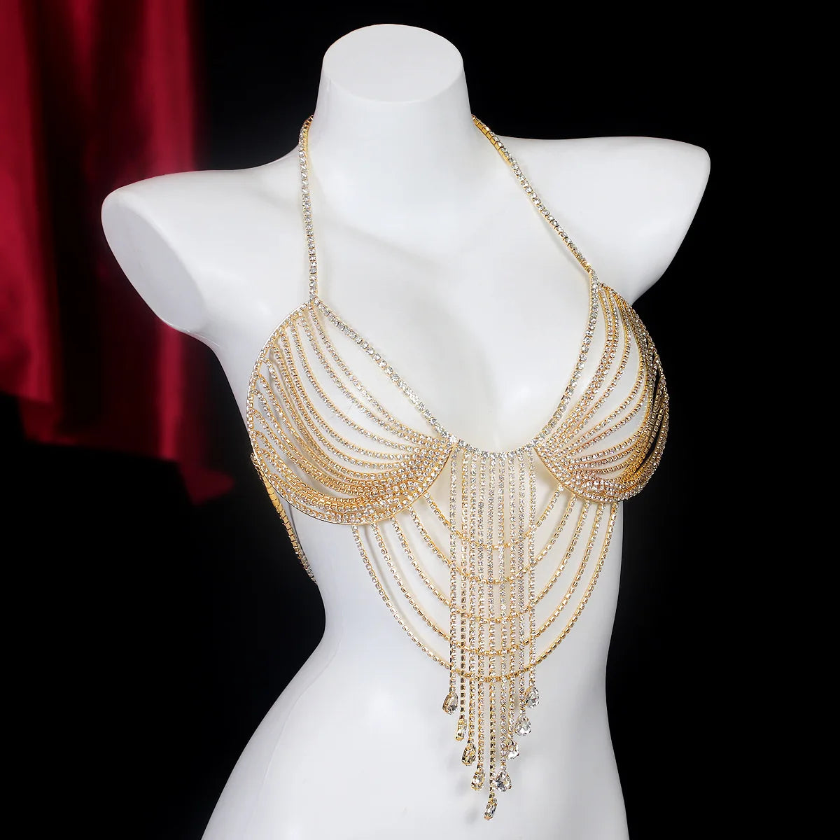 Layered Teardrop Rhinestone Tassel Chest Chain