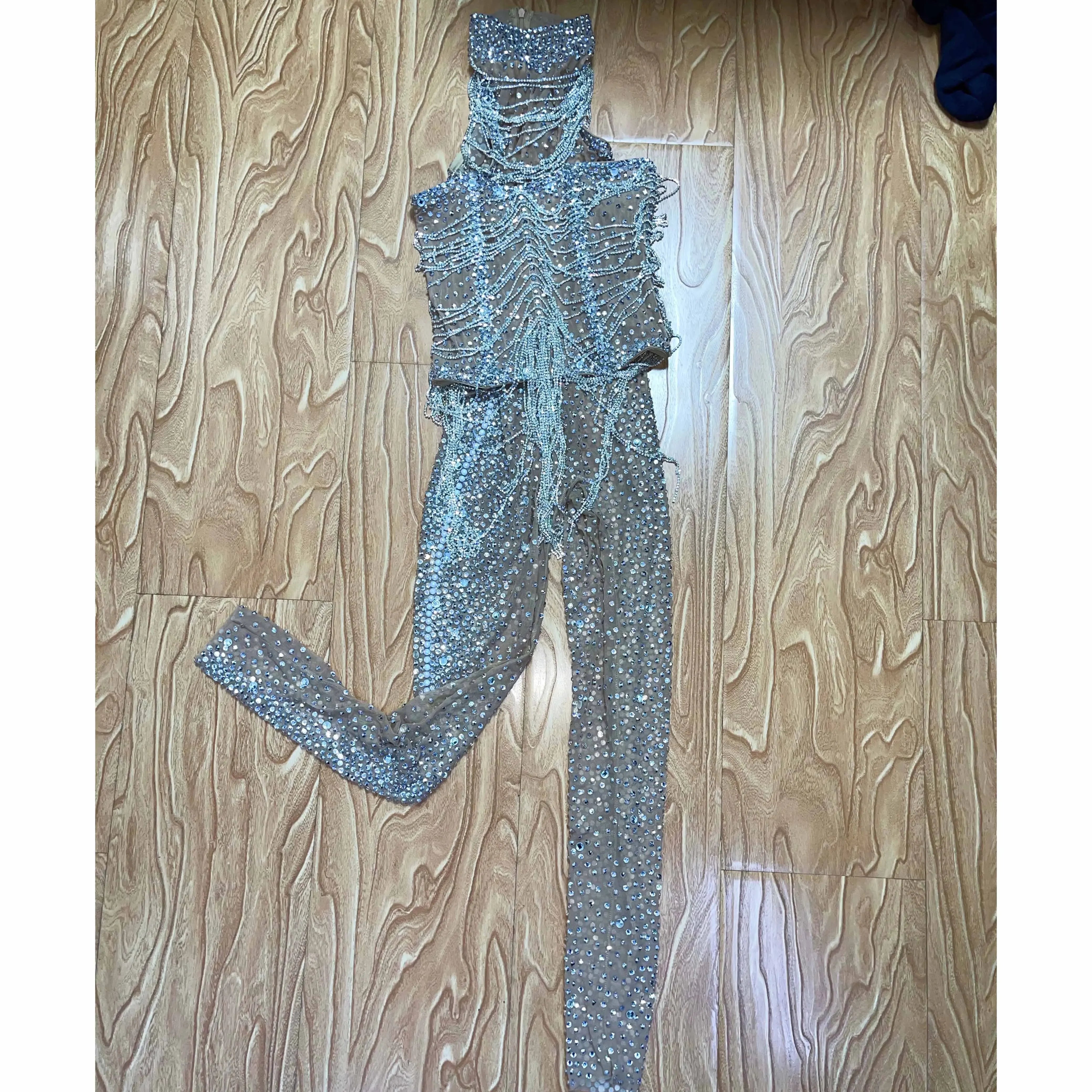 Silver Crystal Fringe Illusion Jumpsuit Long Sleeve Rhinestone Catsuit Stage Wear