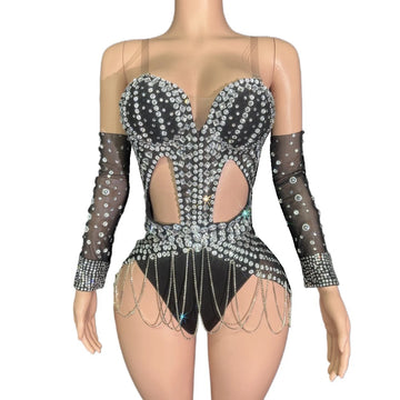 Sparkly Rhinestone & Feather Long Tail Bodysuit Set Stage Costume