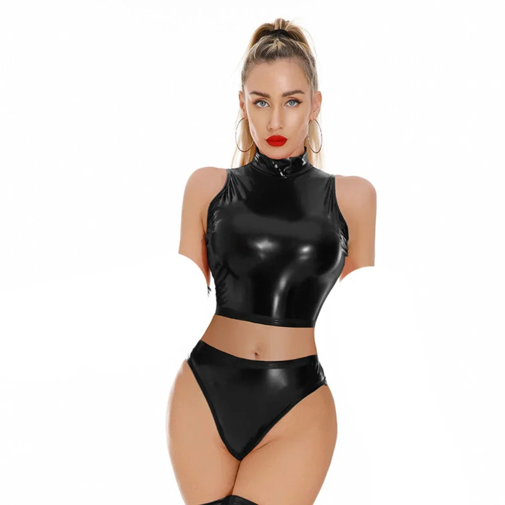Fashion Women PU Short Top 2PCS/Set Elastic PU Faux Leather Tank Top Glossy Shiny Crop Tops Punk Stage Dance Wear With Briefs