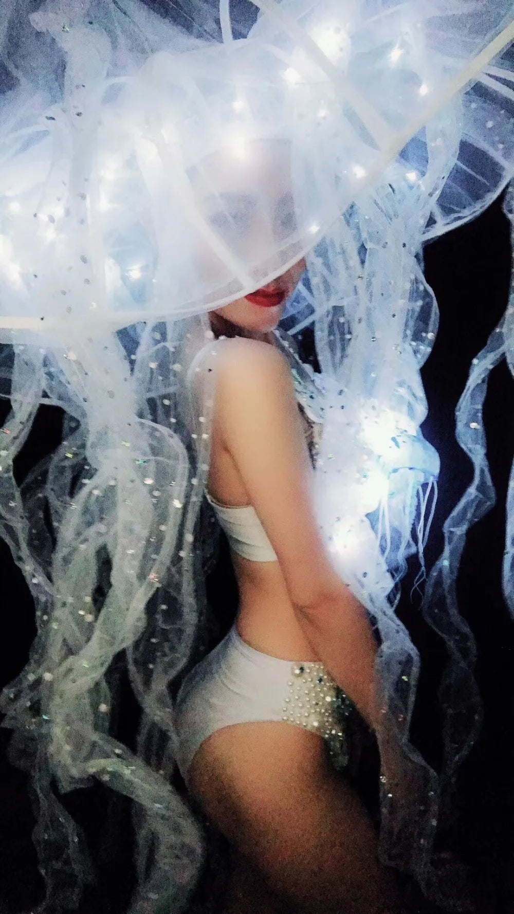 Pearl & Crystal Bustier Bikini Set & LED Illuminated Jellyfish Tentacle Headdress Stage Costume