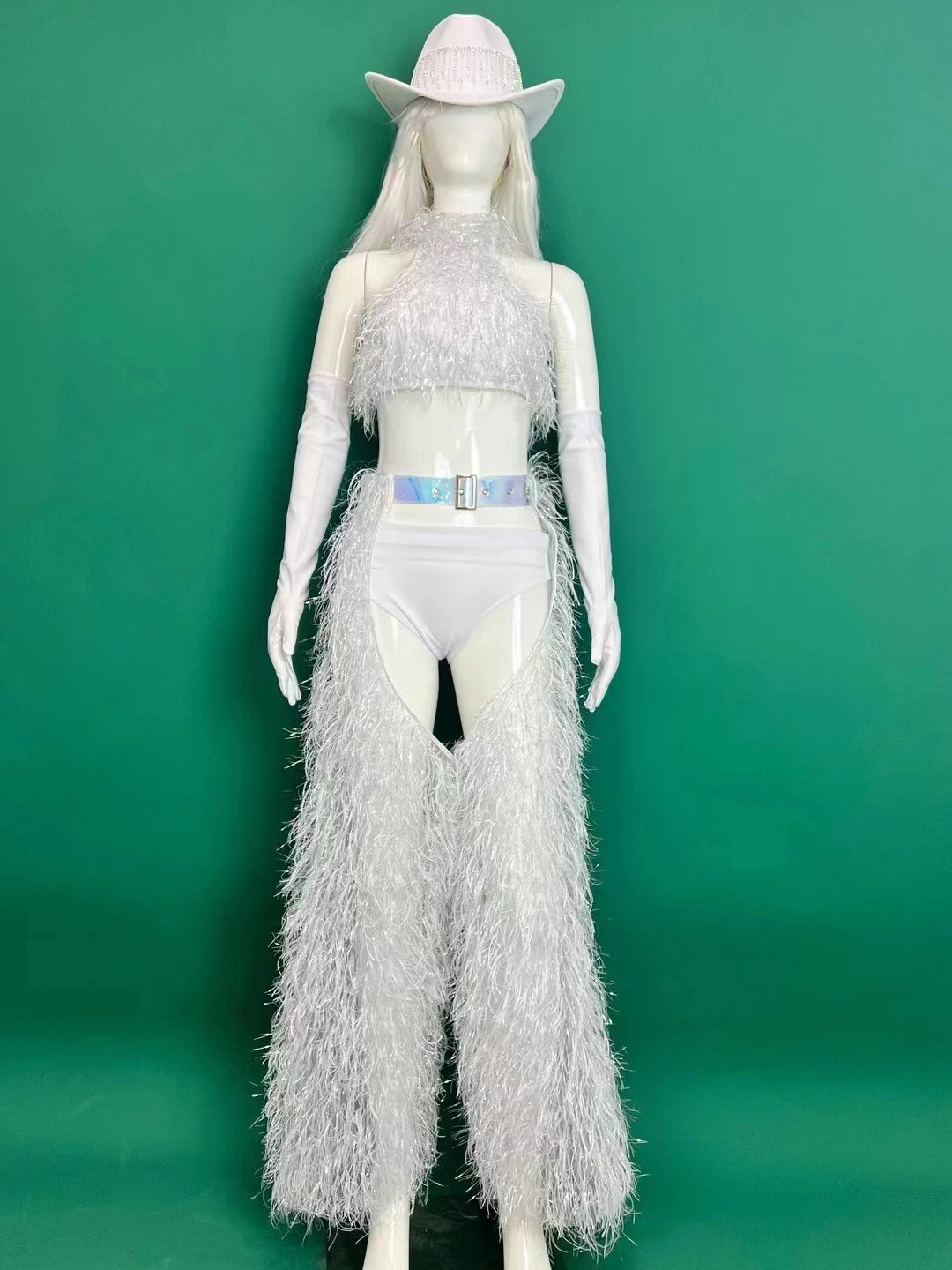 White Faux Fur Halter Top, Flare Chaps Pants, Long Gloves & Hat 4-Piece Stage Dance Costume Set