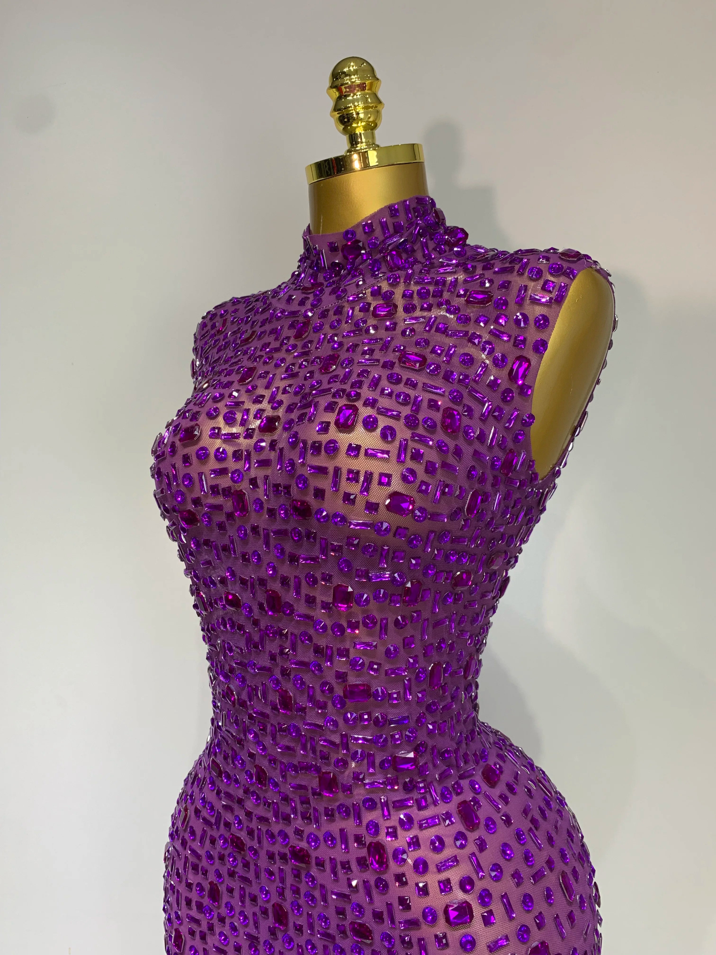 Sparkly Rhinestone Sleeveless Maxi Long Dress See-Through Sheer Mesh Stage Outfit