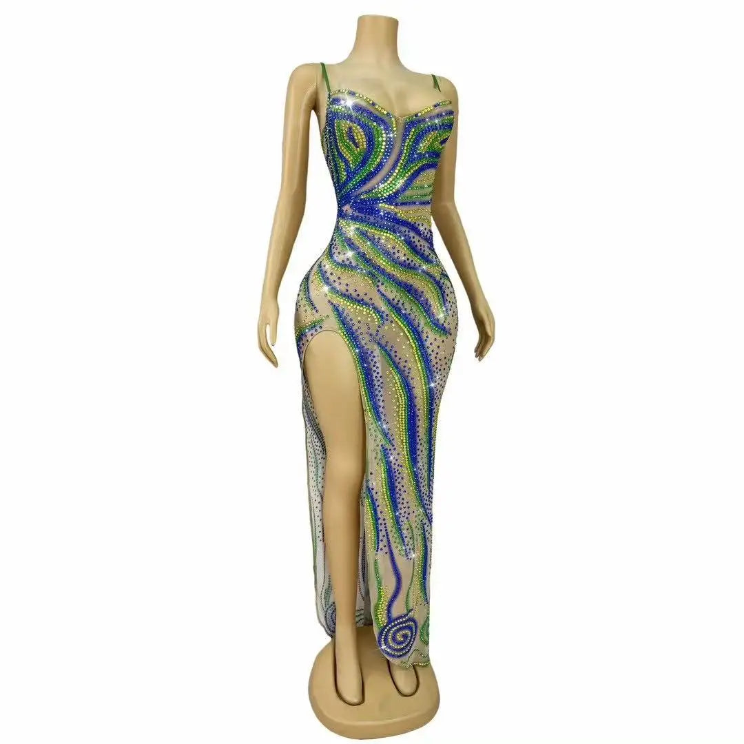 Sparkly Green Rhinestone Strip Split Maxi Dress Sheer Mesh Stage Performance Costume