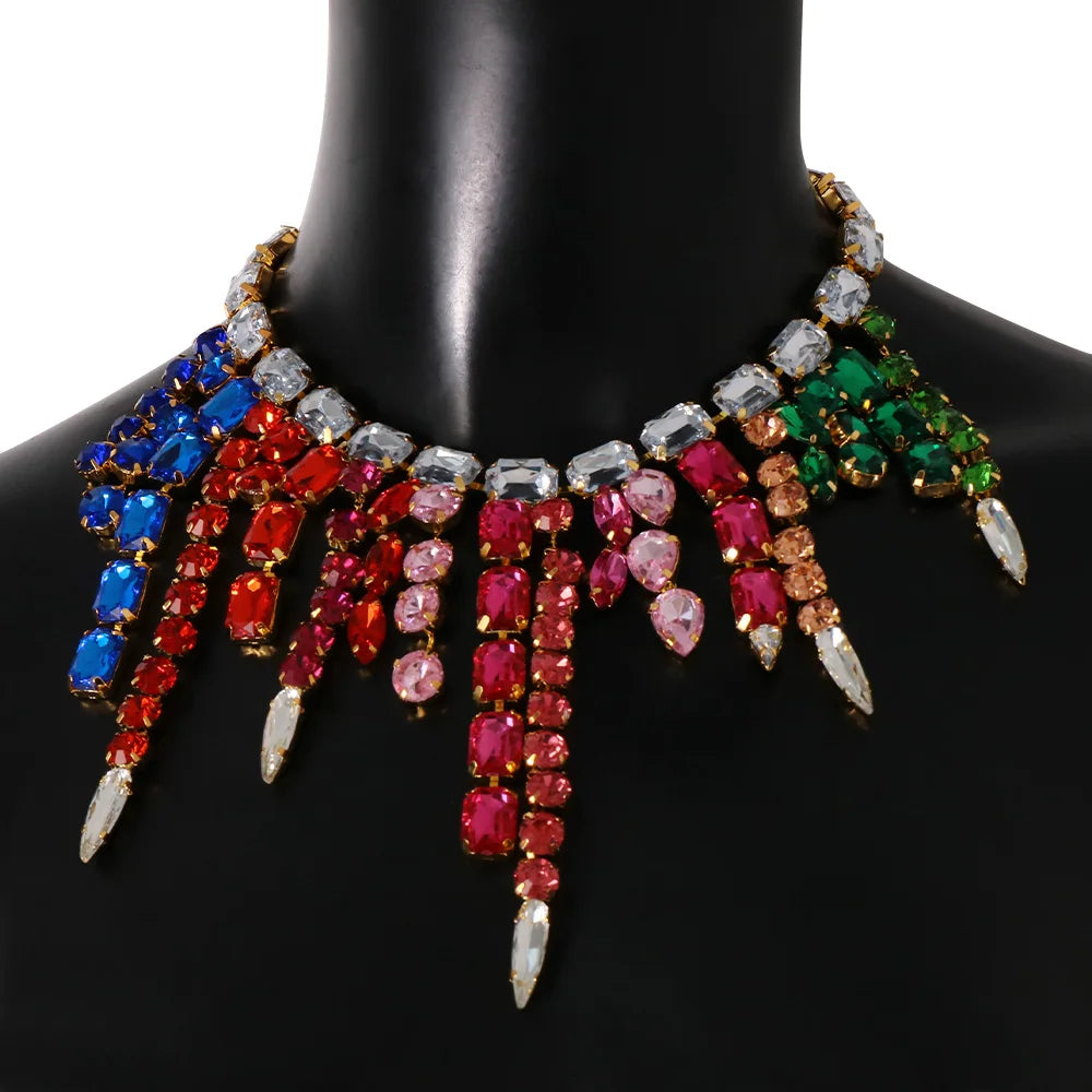 Oversized Colorful Crystal Square Rhinestone Tassel Choker Drag Queen Stage Necklace