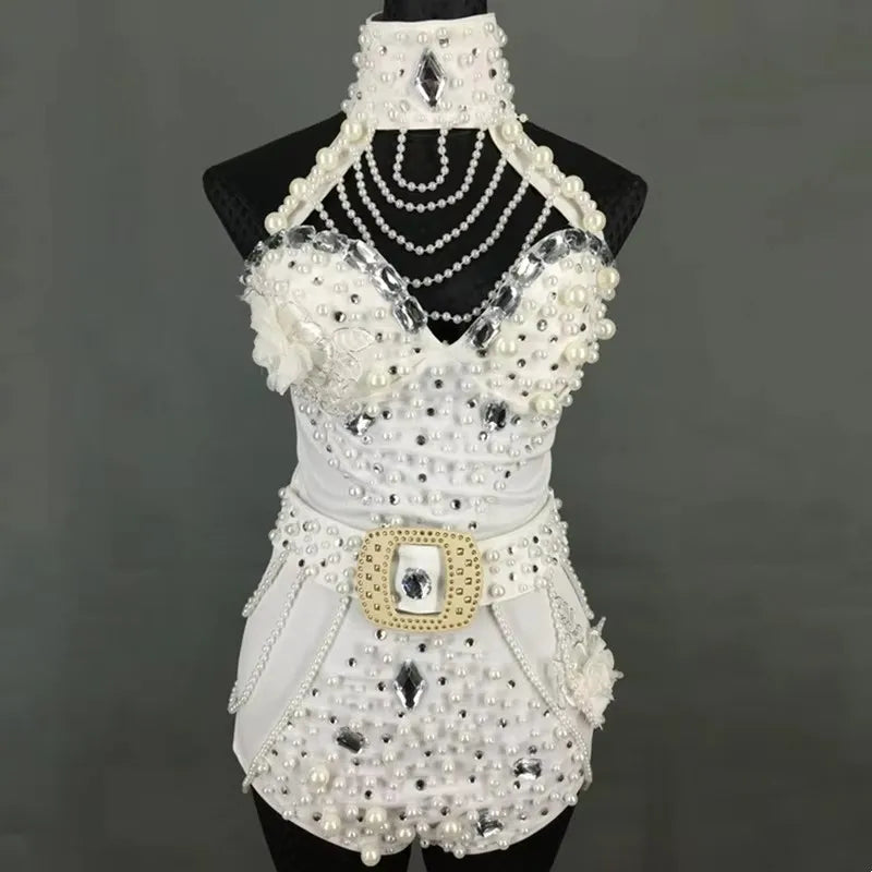 Red White Beading Halter Bodysuit Women Backless Dance Costume Nightclub Singer Stage Performance Outfit