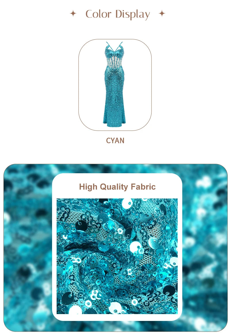 Cyan Sequin & Crystal Cross-Strap Gown