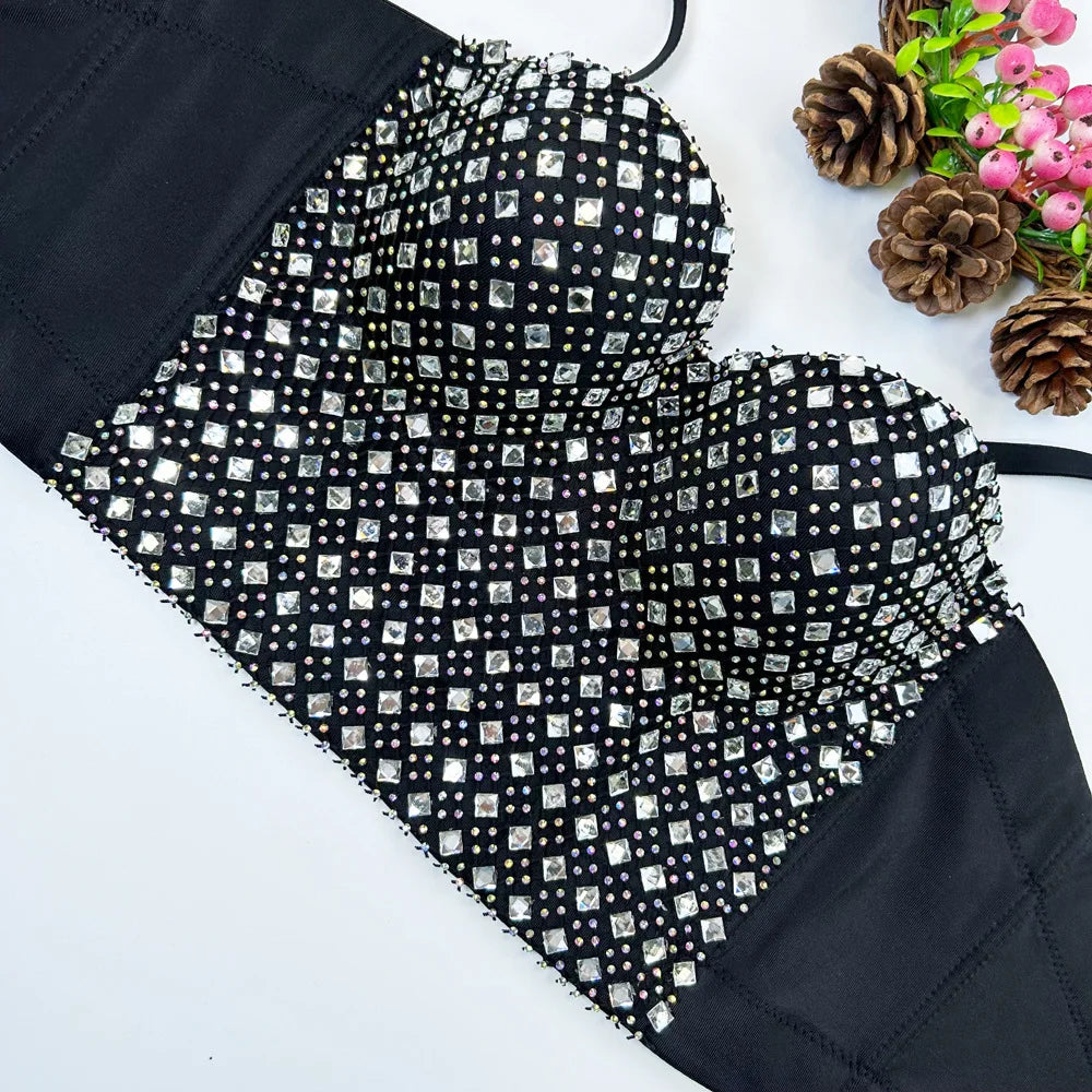 Diamond Mesh Studded Bustier Corset Crop Top High Street Evening Bralette