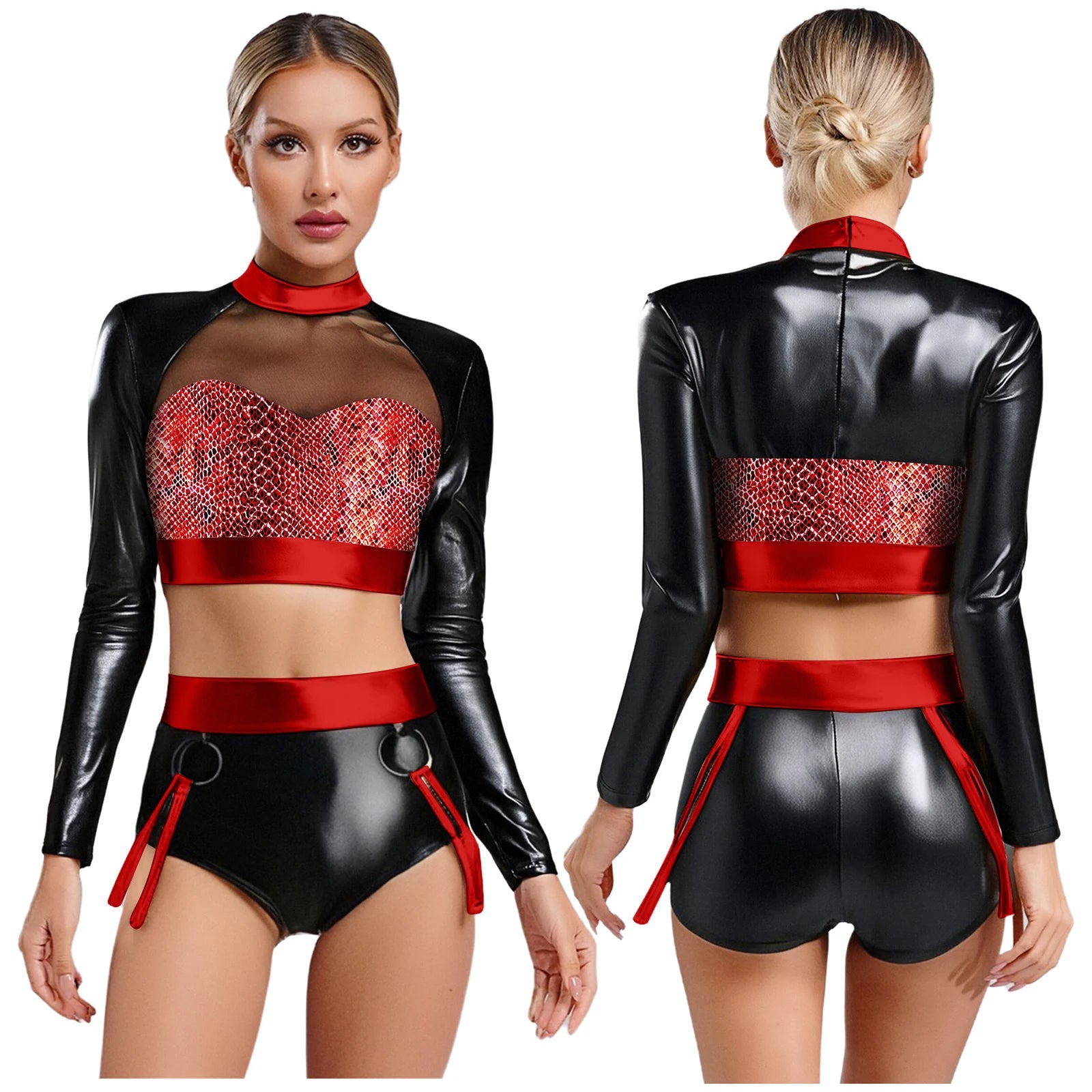 Fishnet Mesh & Metallic 2-Piece Bodysuit & Shorts Rave Costume Set