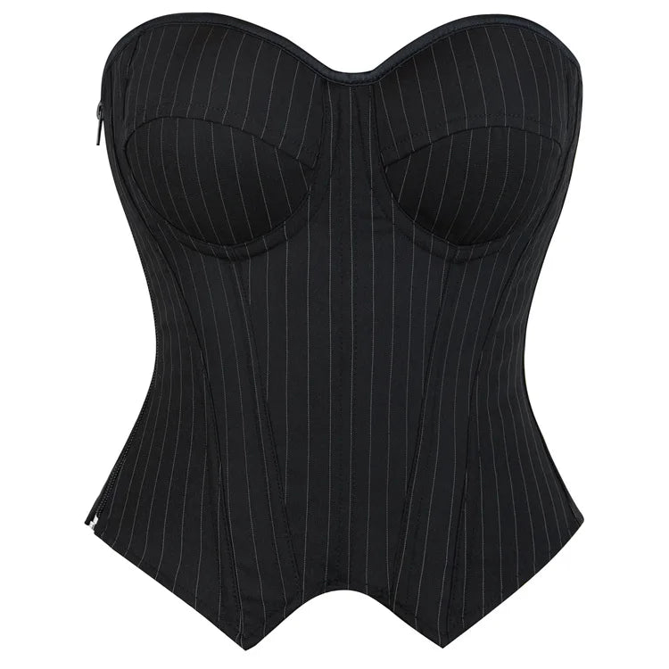 Black Striped Overbust Corset Top Zipper Front Lace-Up Bustier Body Shaper