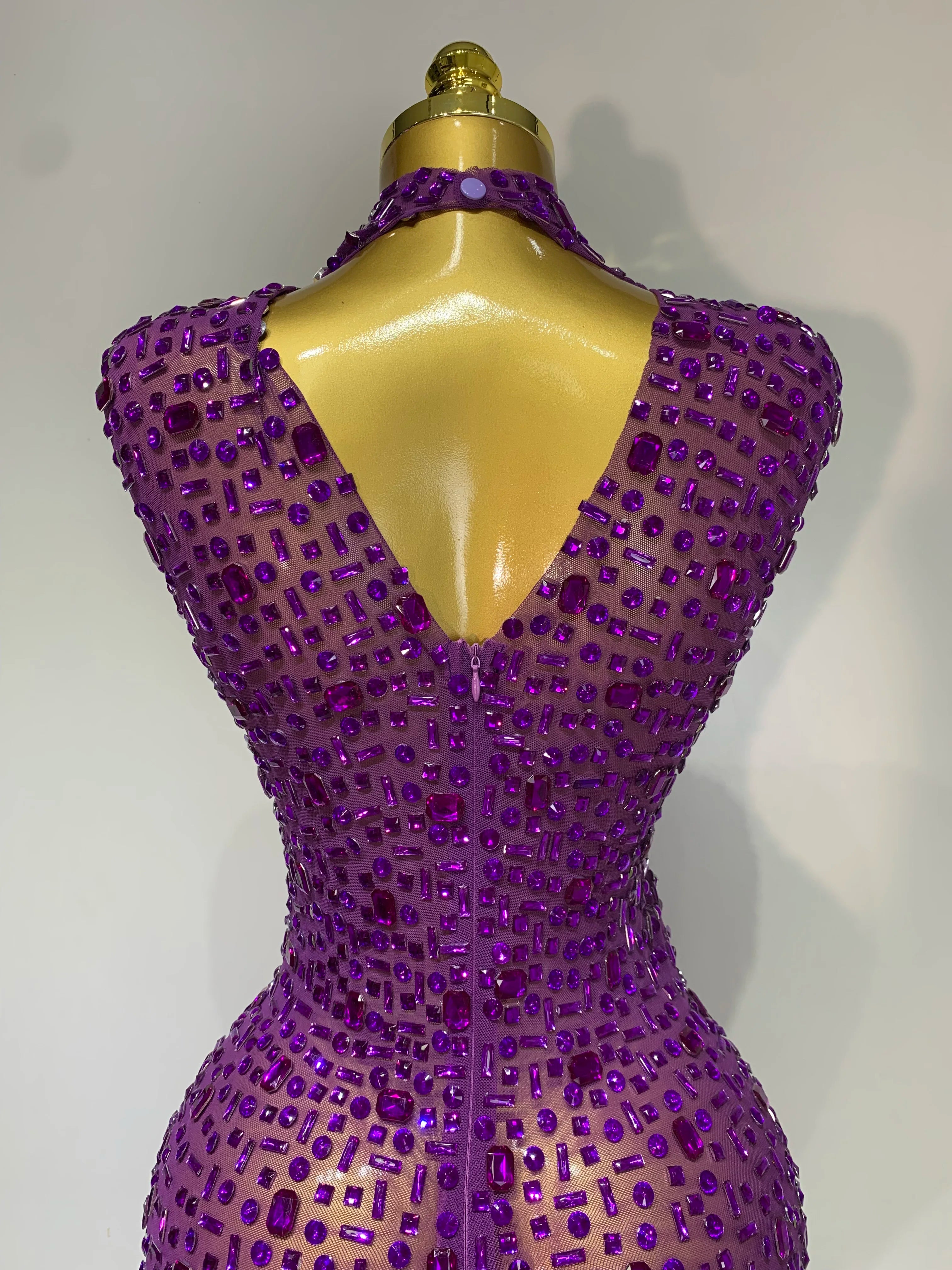 Sparkly Rhinestone Sleeveless Maxi Long Dress See-Through Sheer Mesh Stage Outfit