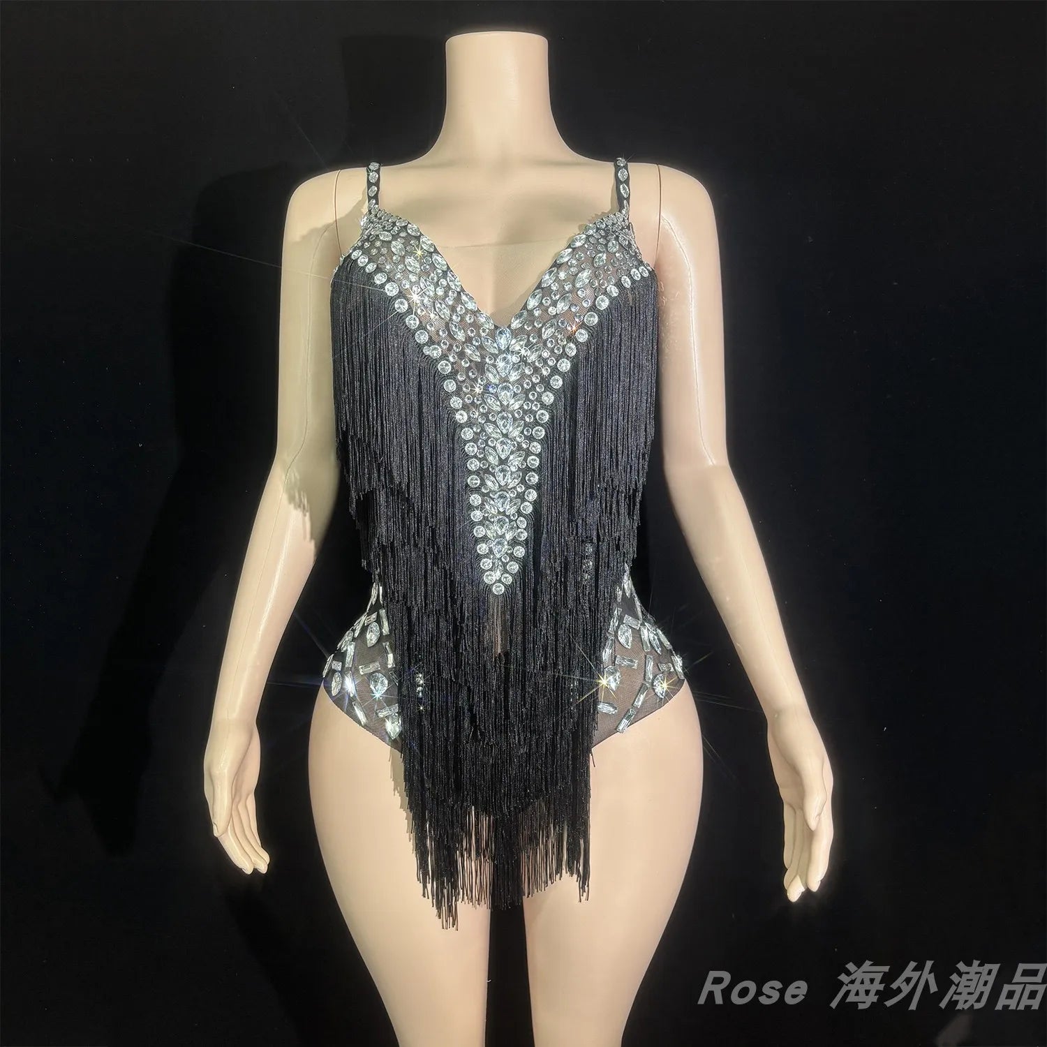 Custom Fringe Rhinestone Bodysuit & Stage Performance Dance Costume