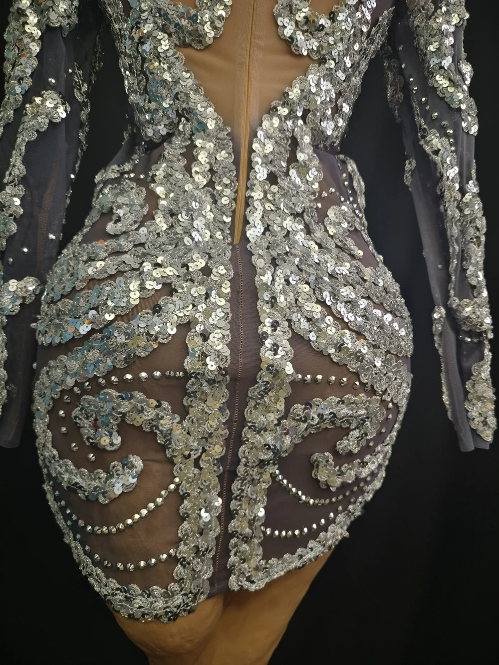Sparkly Silver Rhinestone & Sequin Sheer Mesh Mini Dress Stage Costume