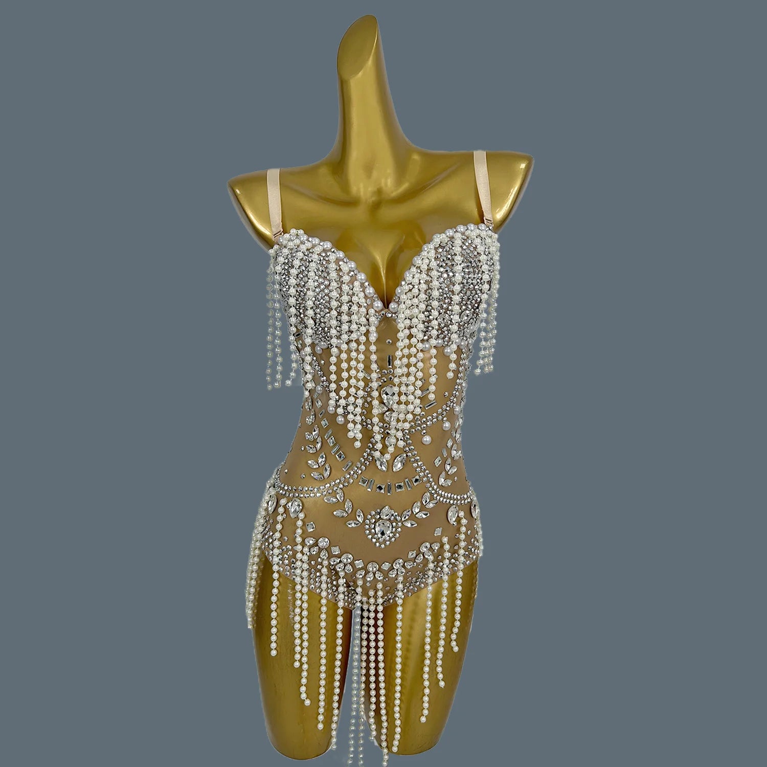 Nude Sheer Mesh Rhinestone Pearl Tassel Bodysuit Stage Performance Leotard