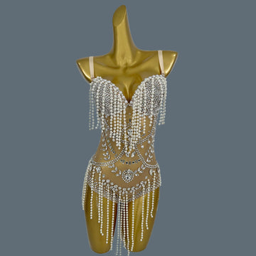 Nude Sheer Mesh Rhinestone Pearl Tassel Bodysuit Stage Performance Leotard