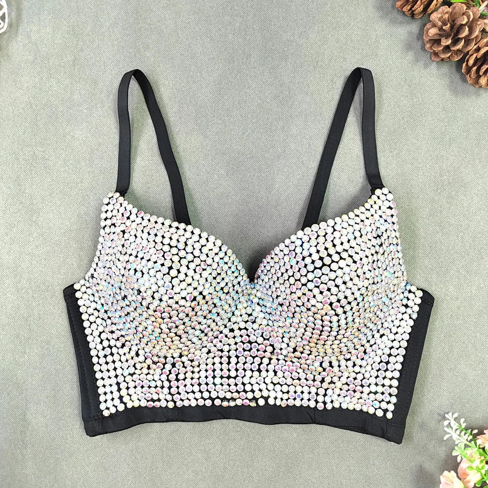 Sparkly Diamond Rhinestone Corset Top Showgirl Stage Performance Push-Up Bustier