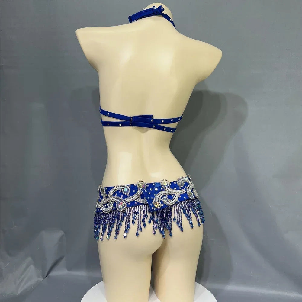 Dazzling Beaded Crystal Belly Dance Bra & Belt 2-Piece Costume Set