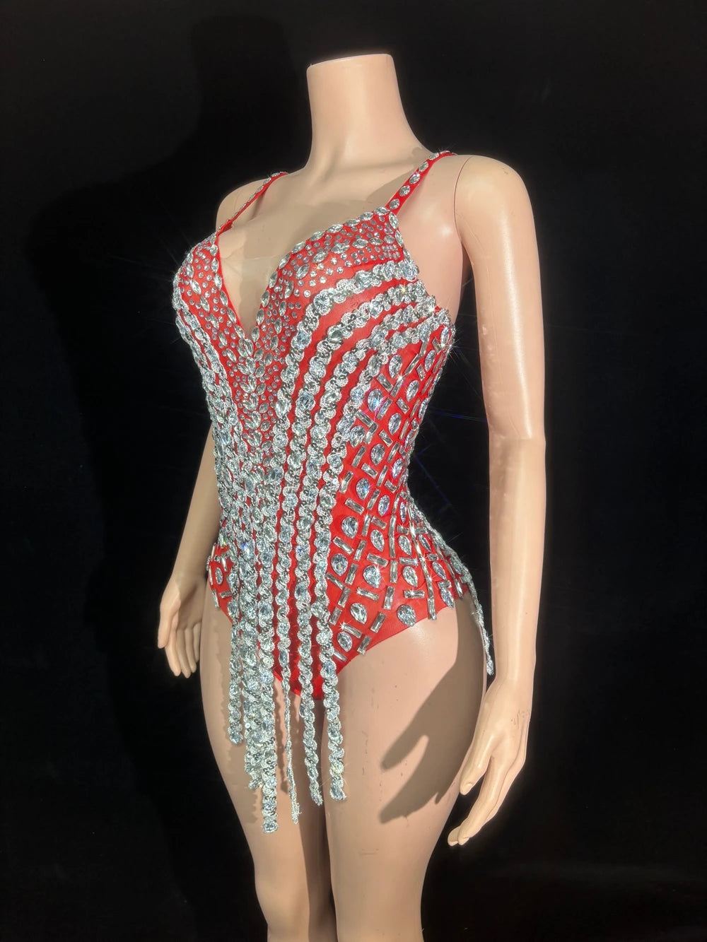 Sparkly Rhinestone Sequin Tassel Bodysuit Stage Performance Dance Leotard