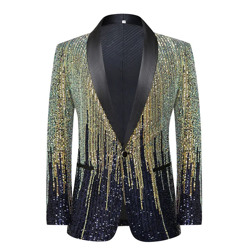 Men's Luxury Gradient Sequin Blazer Shawl Lapel Formal Stage Tuxedo Jacket