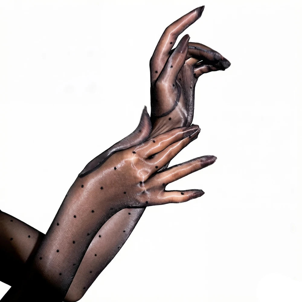Sexy Women 1D Dot Ultra Thin Five Finger Long Glove Oil Shiny Glossy Sun Protection Glove Elastic Party Wedding Luxury Glove