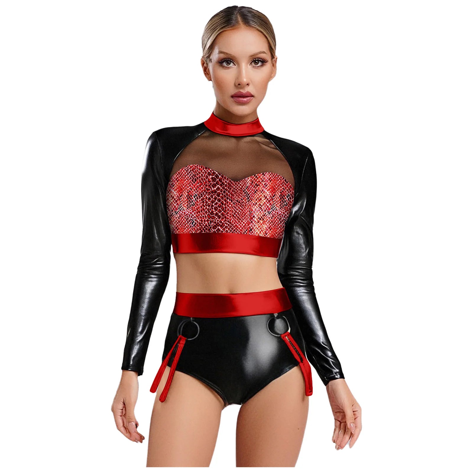 Fishnet Mesh & Metallic 2-Piece Bodysuit & Shorts Rave Costume Set