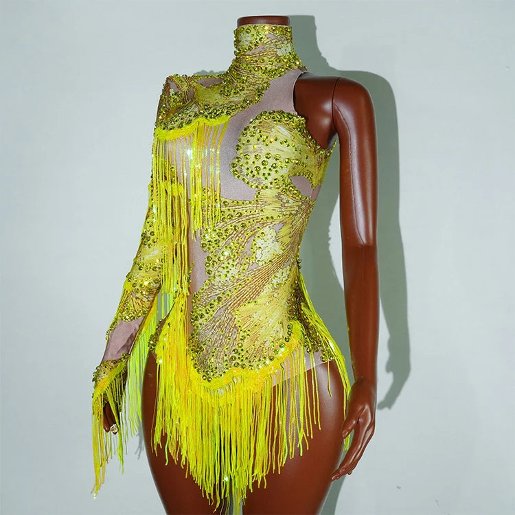 Leopard Sequin Fringe Asymmetrical Bodysuit One-Sleeve Stage Performance Costume