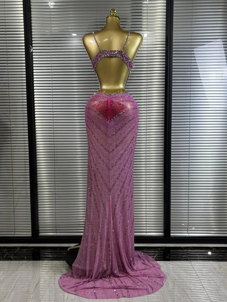 Pink Sleeveless V-Neck Rhinestone Bodycon Floor-Length Showgirl Stage Performance Dress