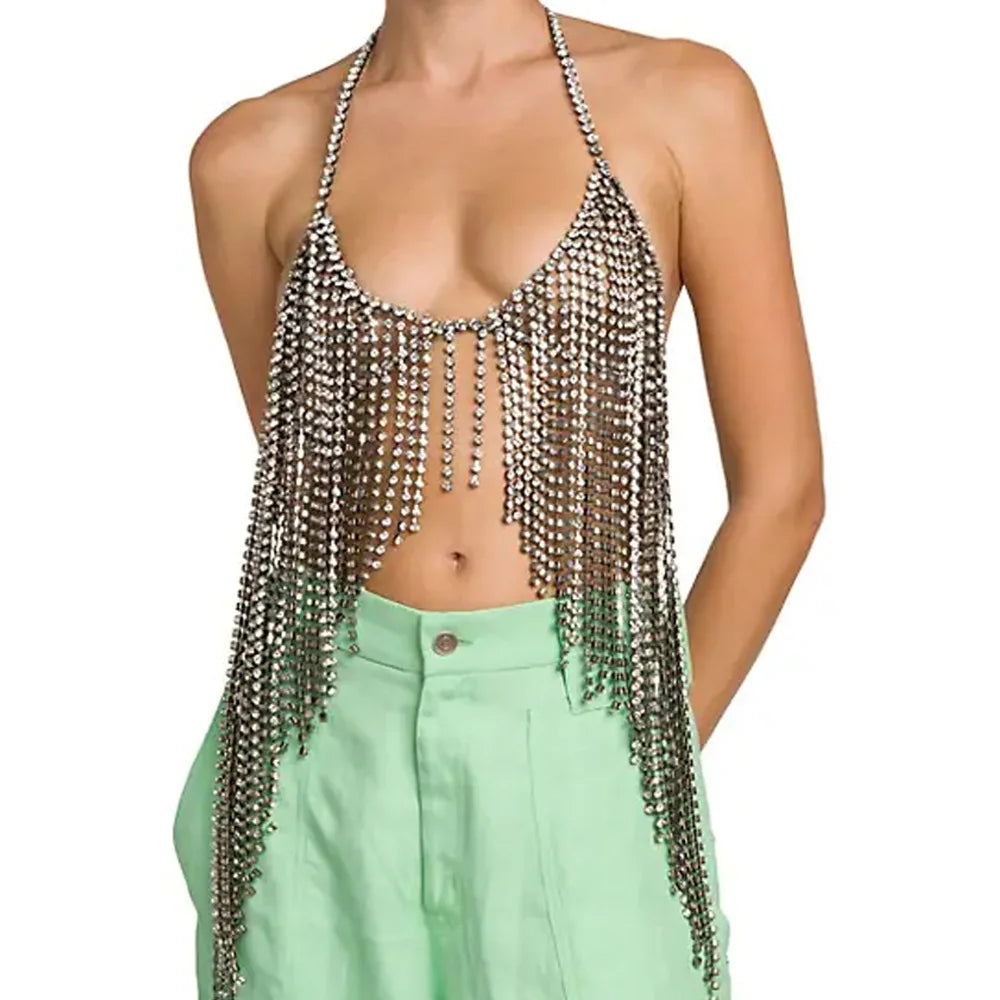 Rhinestone Sling Tassel Bra Chain