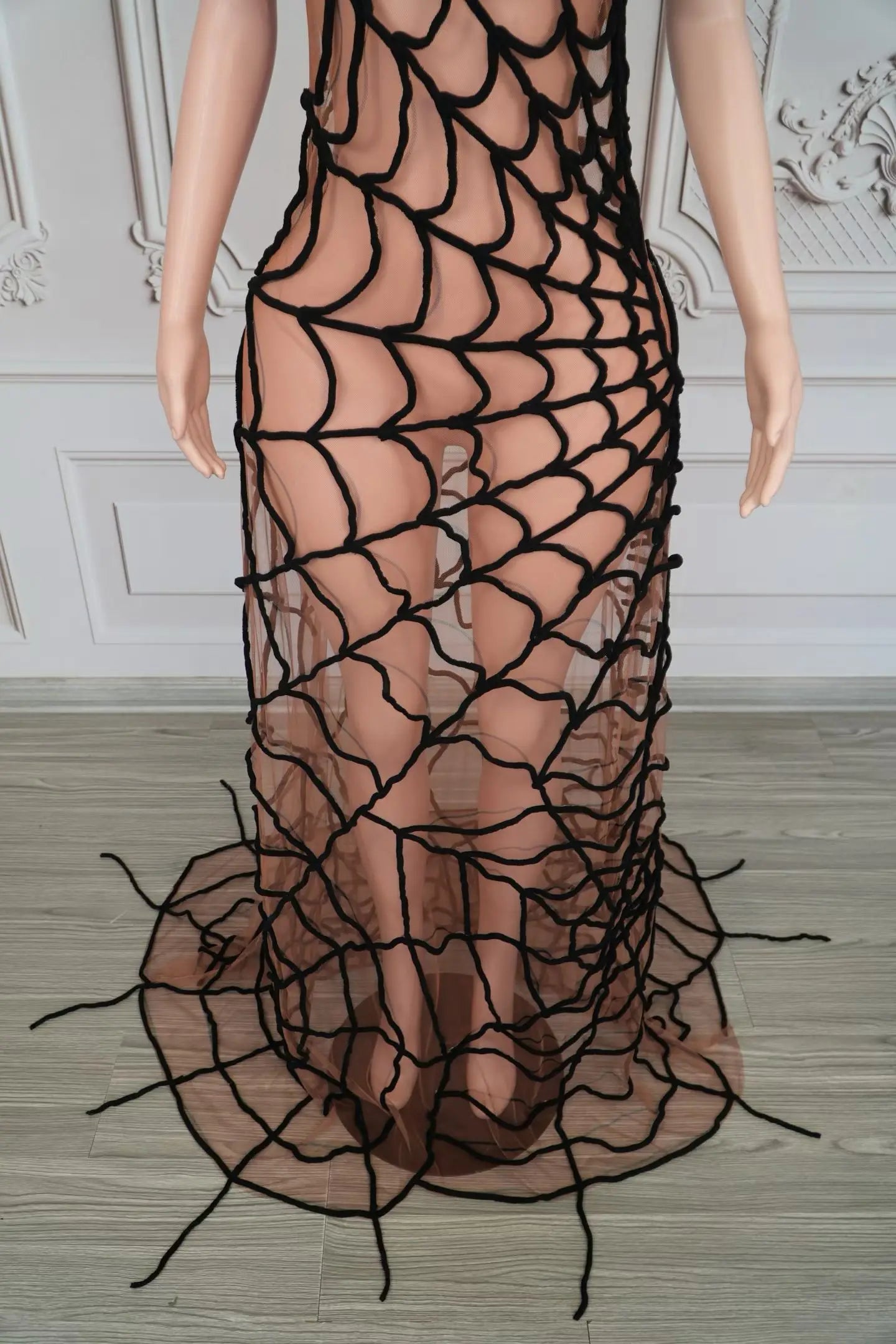 Dramatic Spider Web Crystal Mesh Floor-Length Sheath Dress Stage Costume