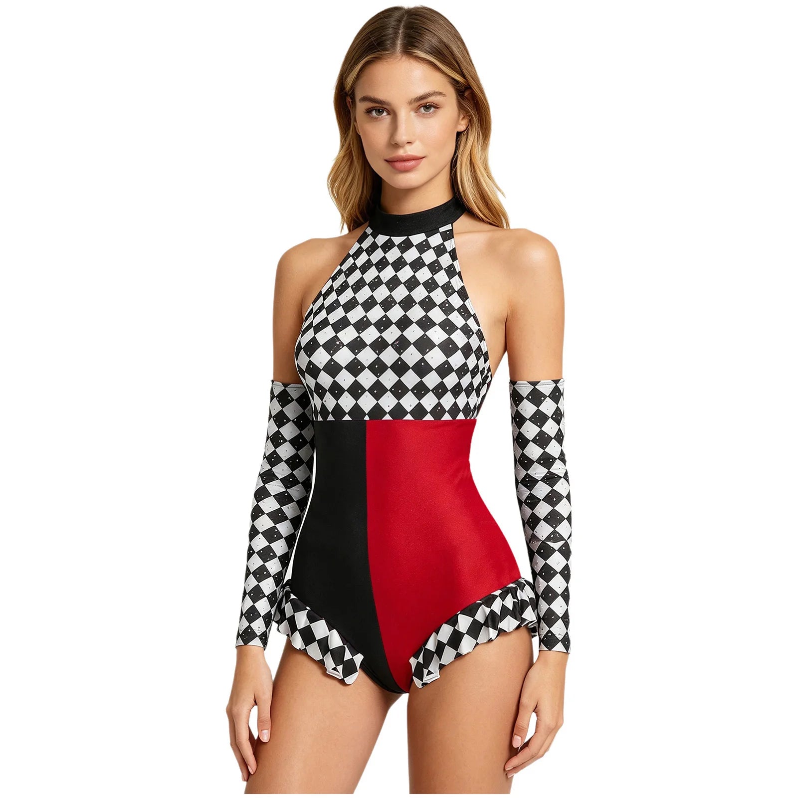 Circus Harlequin Clown Plaid Halter Bodysuit & Arm Sleeves 2-Piece Cosplay Costume Set