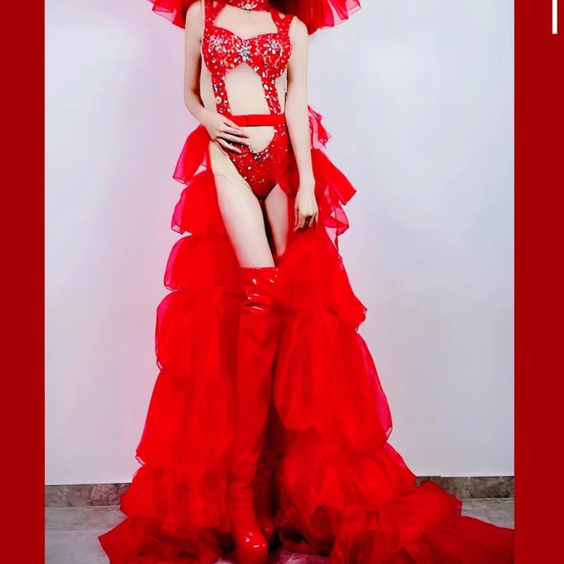 Hollow-Out Rhinestone Bodysuit & Feathered Layered Skirt Carnival Costume Set