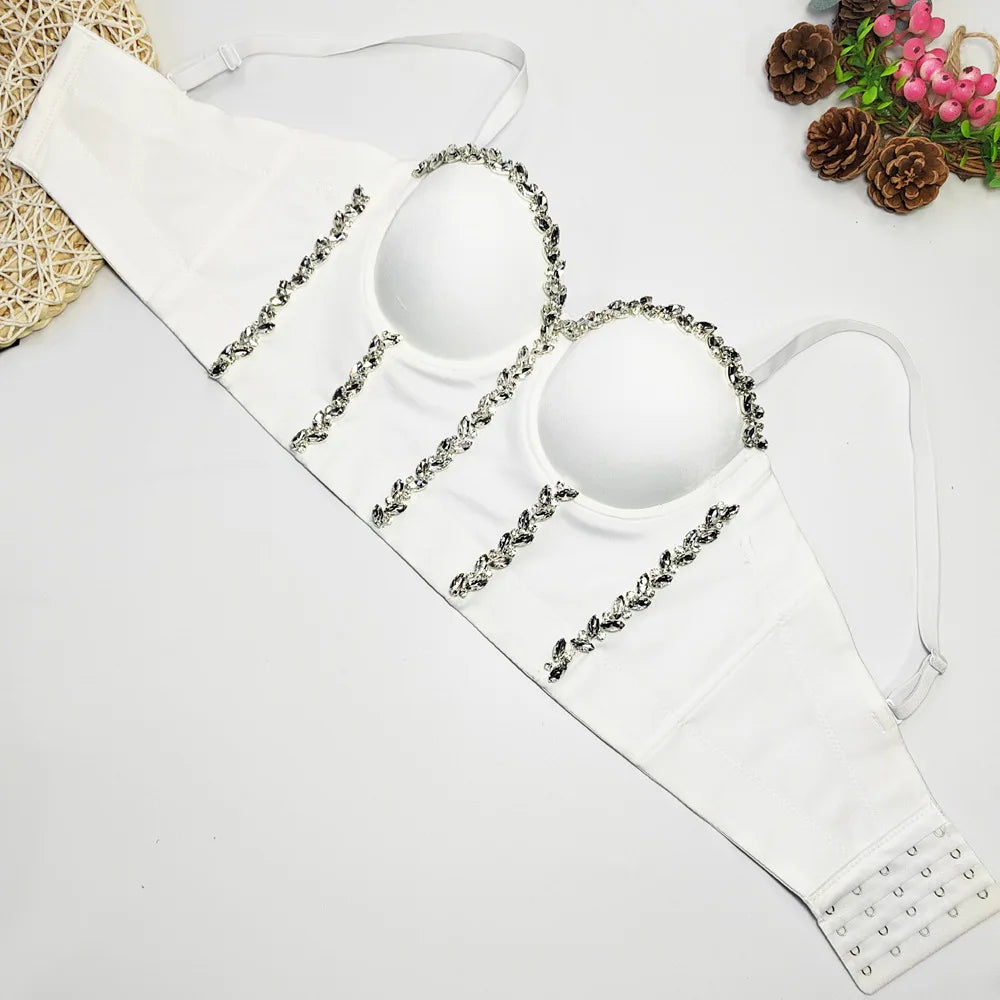 Crystal Chain Strap Bustier Corset Crop Top Hook-and-Eye Stage Bralette
