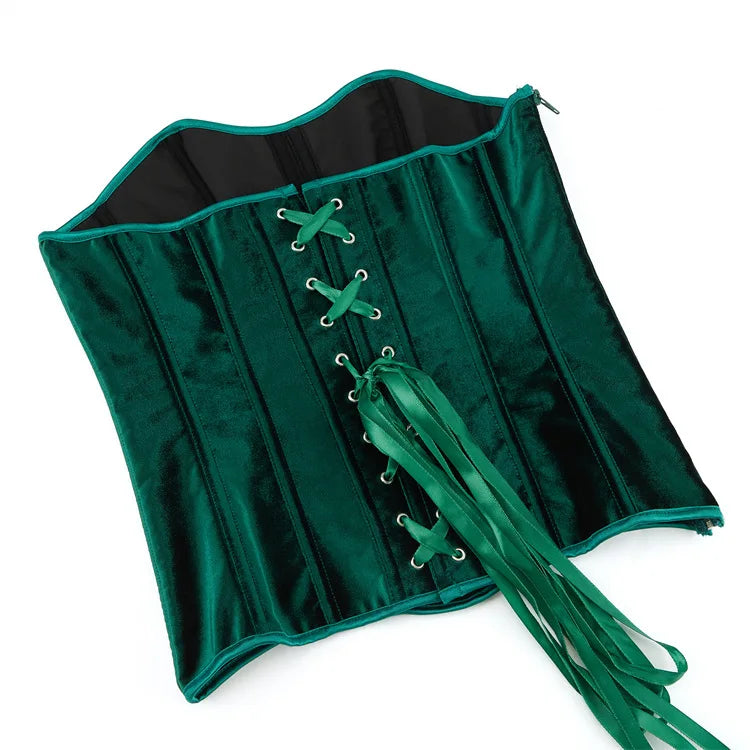 Green Velvet Overbust Corset Top Side Zipper Lace-Up Boned Bustier Top
