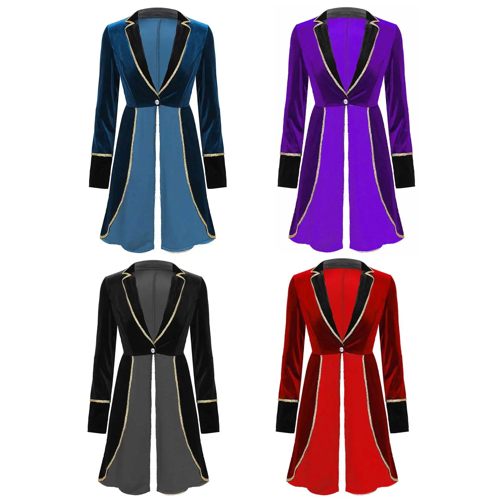 Velvet Circus Ringmaster Gold-Trimmed Swallow-Tail Blazer Coat