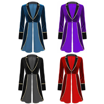 Velvet Circus Ringmaster Gold-Trimmed Swallow-Tail Blazer Coat