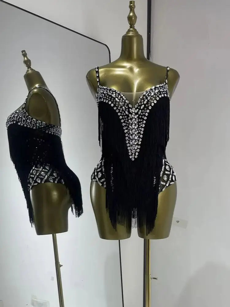 Women Black Bright Rhinestones Tassel Stretchy Mesh Thigh High Leotard Pole Dance Costumes Evening Party Club DJ Gogo Dress