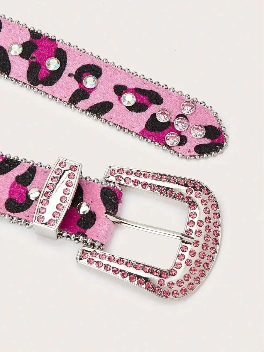 Rhinestone Embellished Animal Print PU Leather Belt
