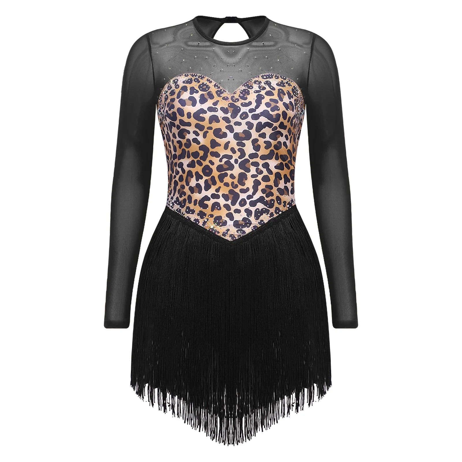 Leopard Print Rhinestone Tassel Dance Dress Long Sleeve Keyhole Bodysuit