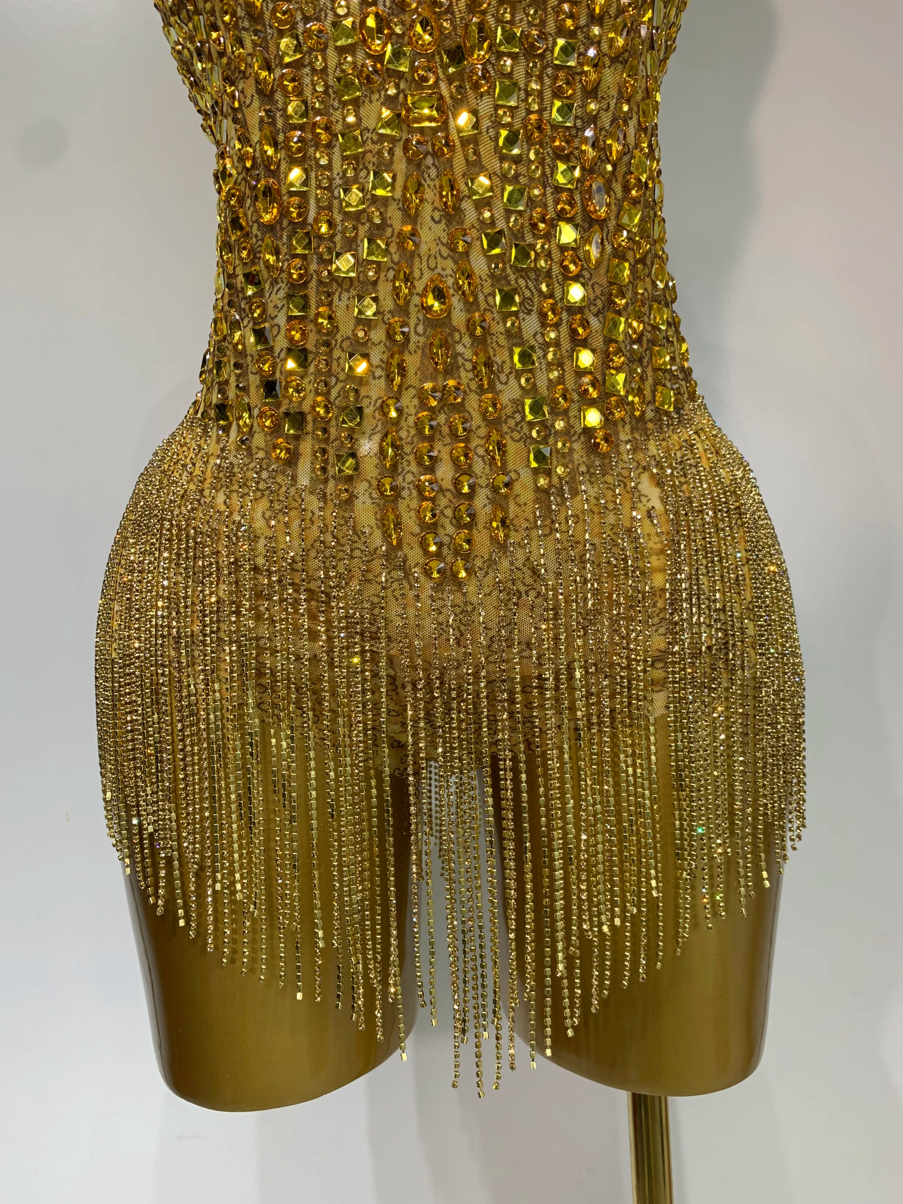 Gold Rhinestone Sheer Mesh Bodysuit Luxury Stage Performance Jumpsuit