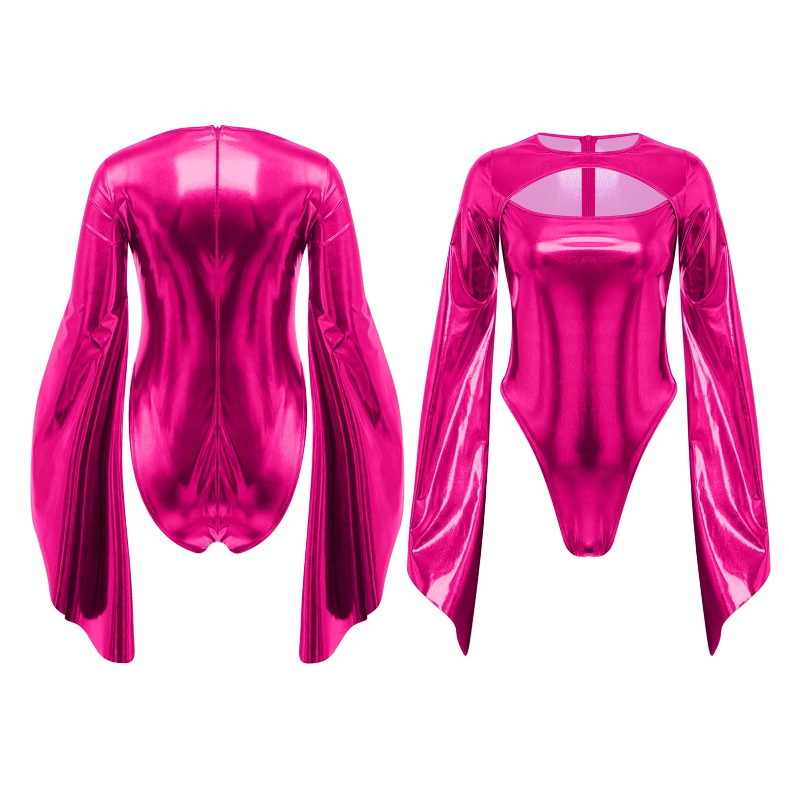 Metallic Flared Sleeve Cutout Disco Bodysuit & Metallic Rave Leotard