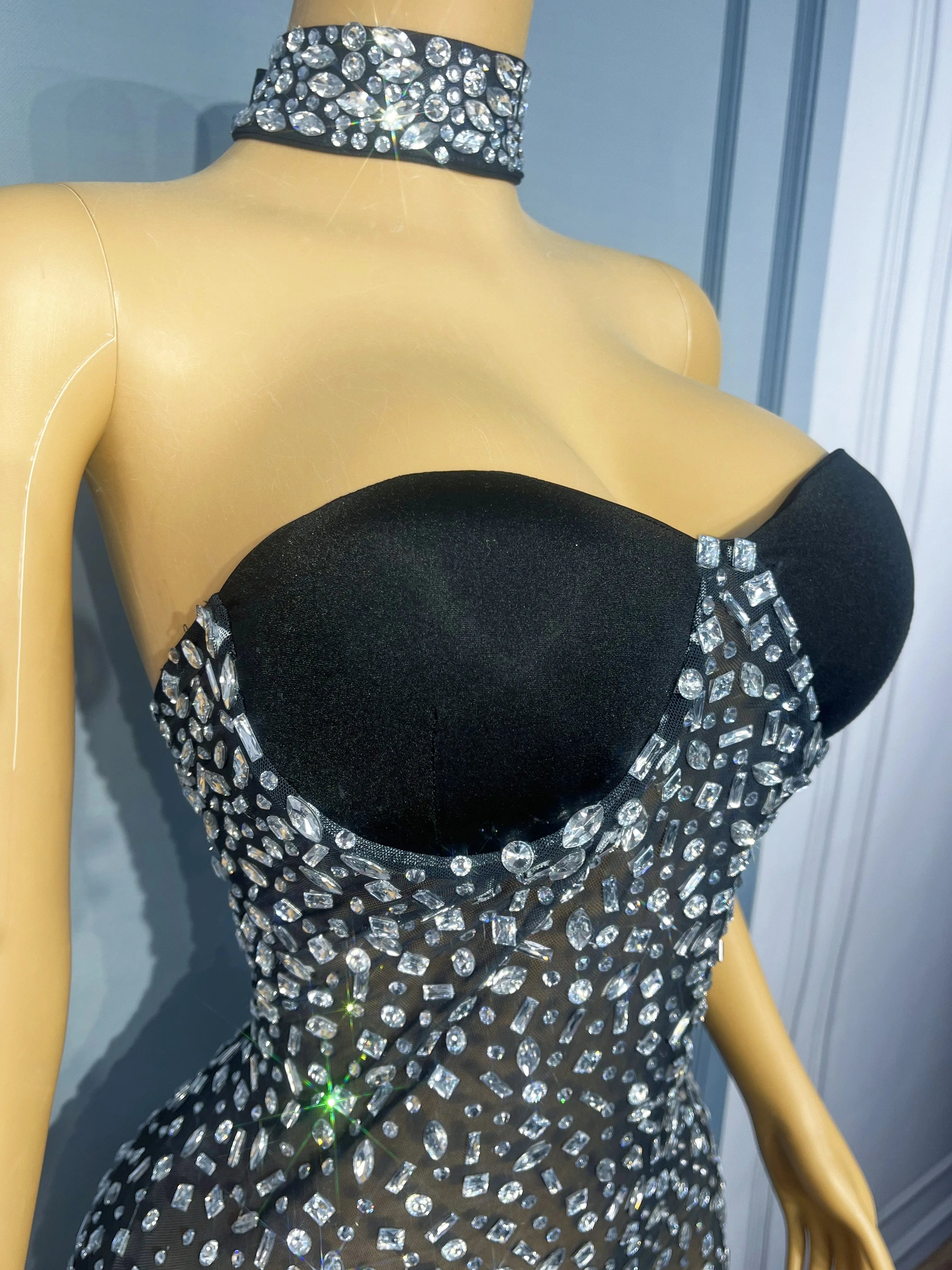 Silver Rhinestone Sheer Mesh Tube Evening Gown Stage Ball Dress