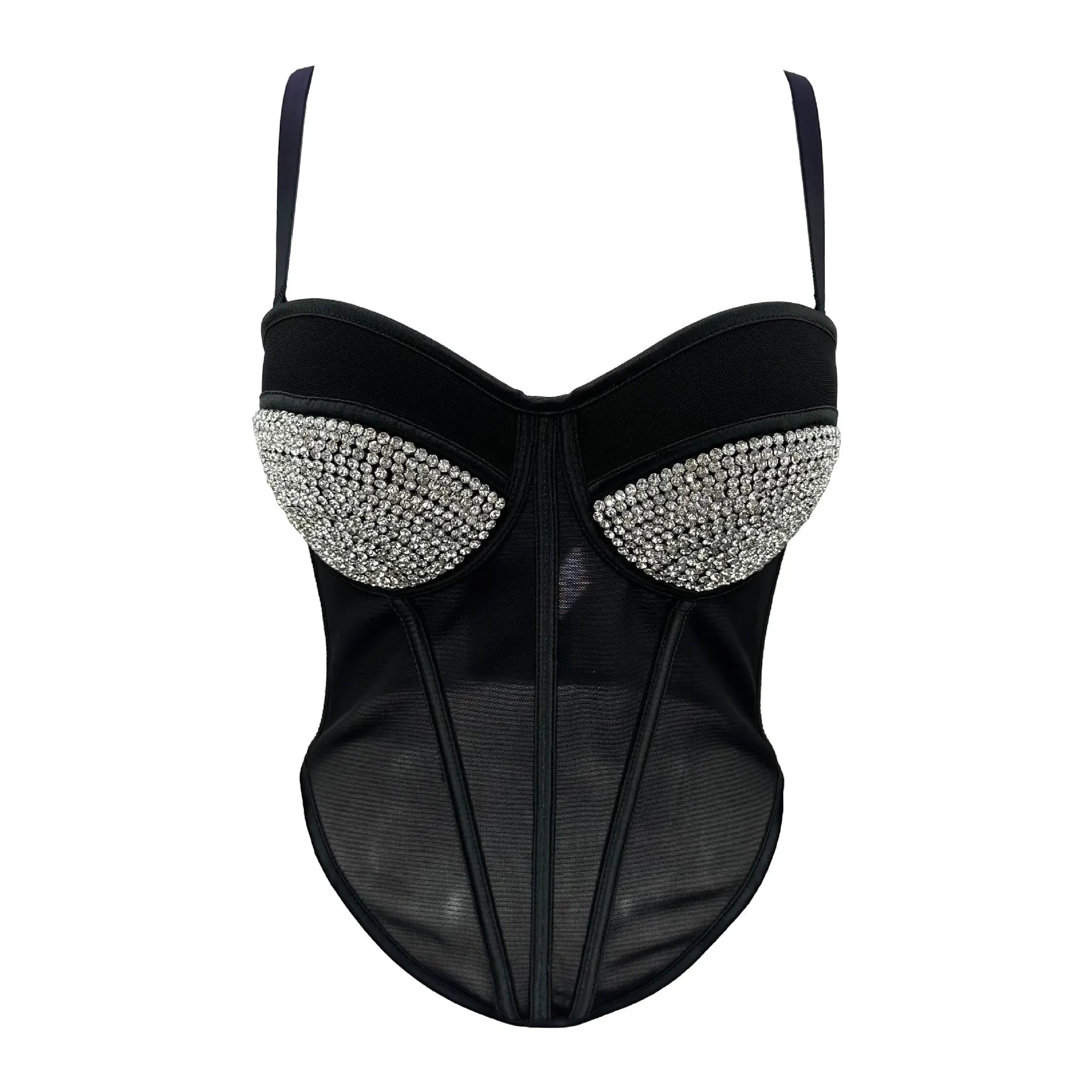 Rhinestone Mesh Denim Bustier Corset Crop Top Push-Up Party Bralette