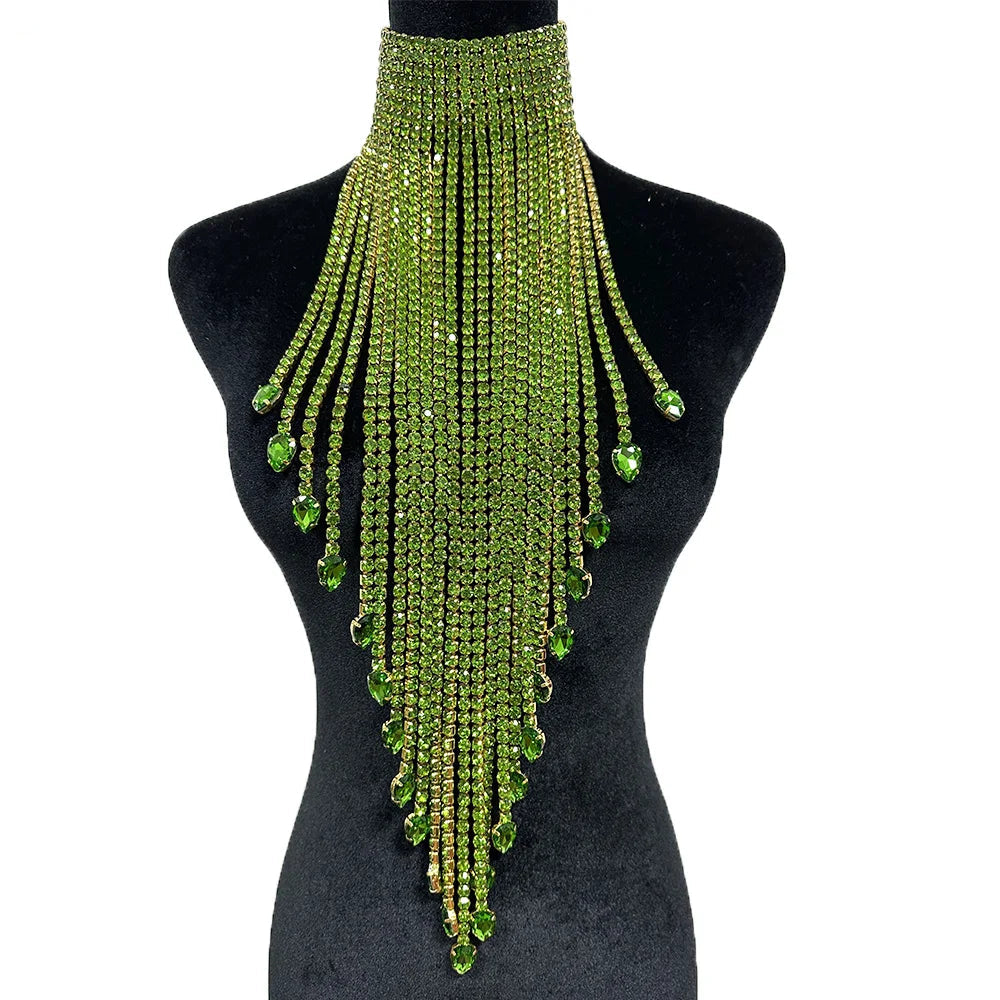 Luxury Rhinestone Long Tassel Statement Choker – Waist-Length Crystal Drop Necklace for Weddings, Galas & High-Fashion Clubwear
