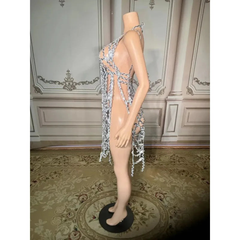 Women's Silver Crystal Rhinestone Mermaid Dress | See-Through Sequin Gown for Prom, Wedding & Party