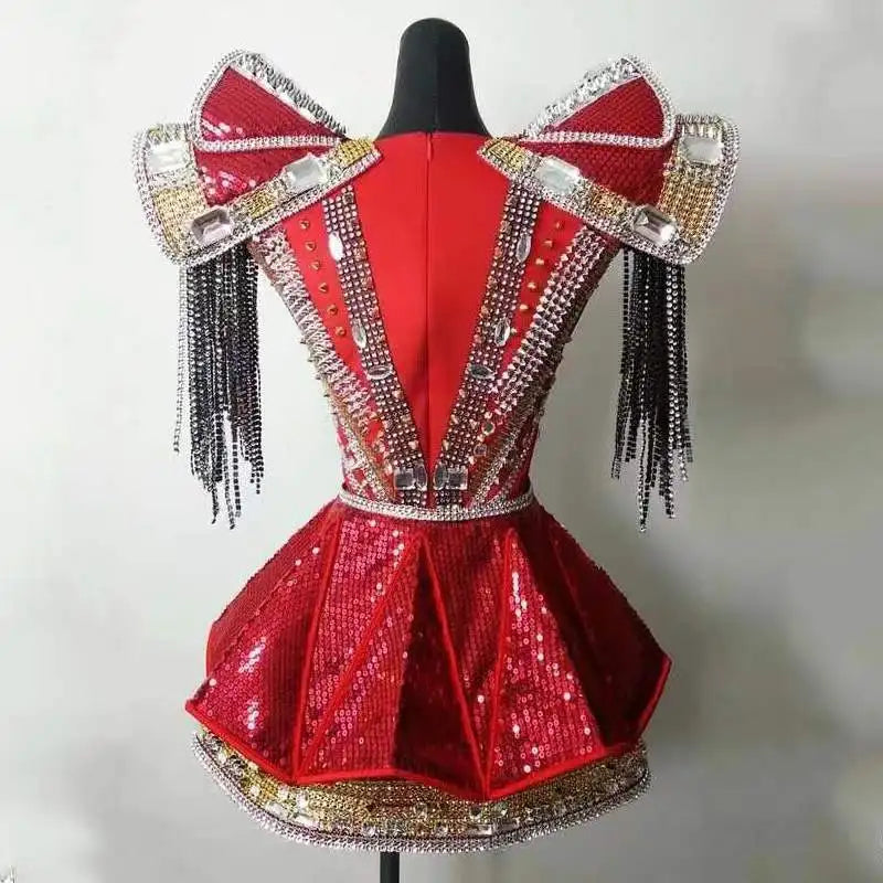 Sparkly Crystal & Rhinestone Armor Bodysuit & Dress Stage Performance Costume
