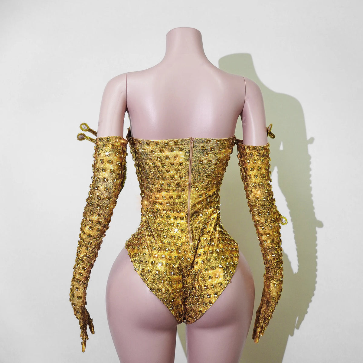 Sparkly Gold Rhinestone Bodysuit Sunburst Collar Spiked Glove Sleeves Costume