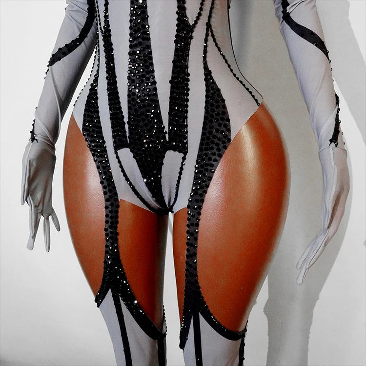 Rhinestone Mesh Jumpsuit Costume Set