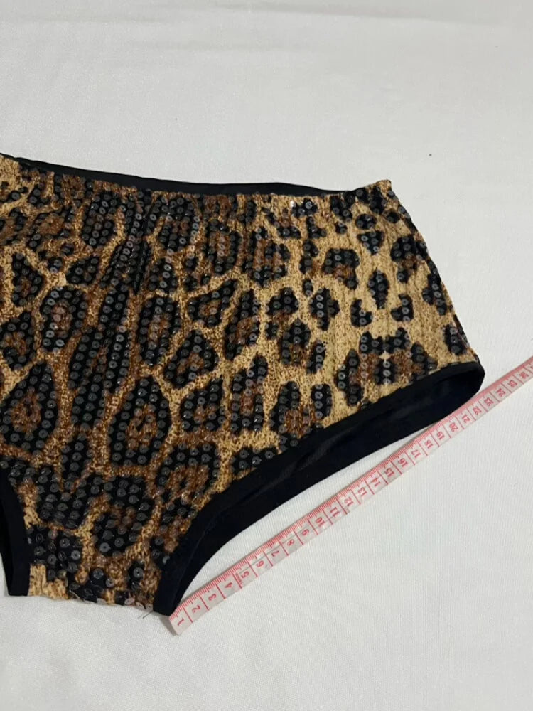 Sequined Top & High-Waist Leopard Print Shorts 2-Piece Gogo Dance Set