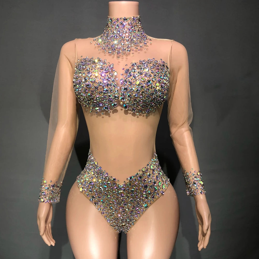 Sparkly AB Rhinestone Sheer Mesh Bodysuit & Stage Performance Costume