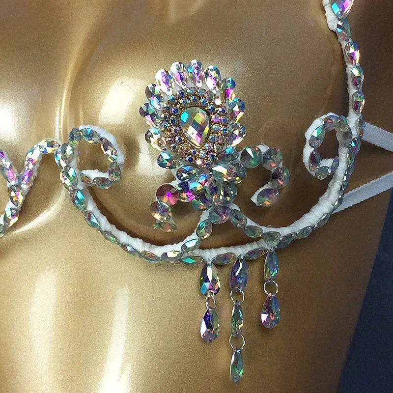 Dazzling Rainbow Crystal Stone Belly Dance Bra & Samba Carnival Performance Top